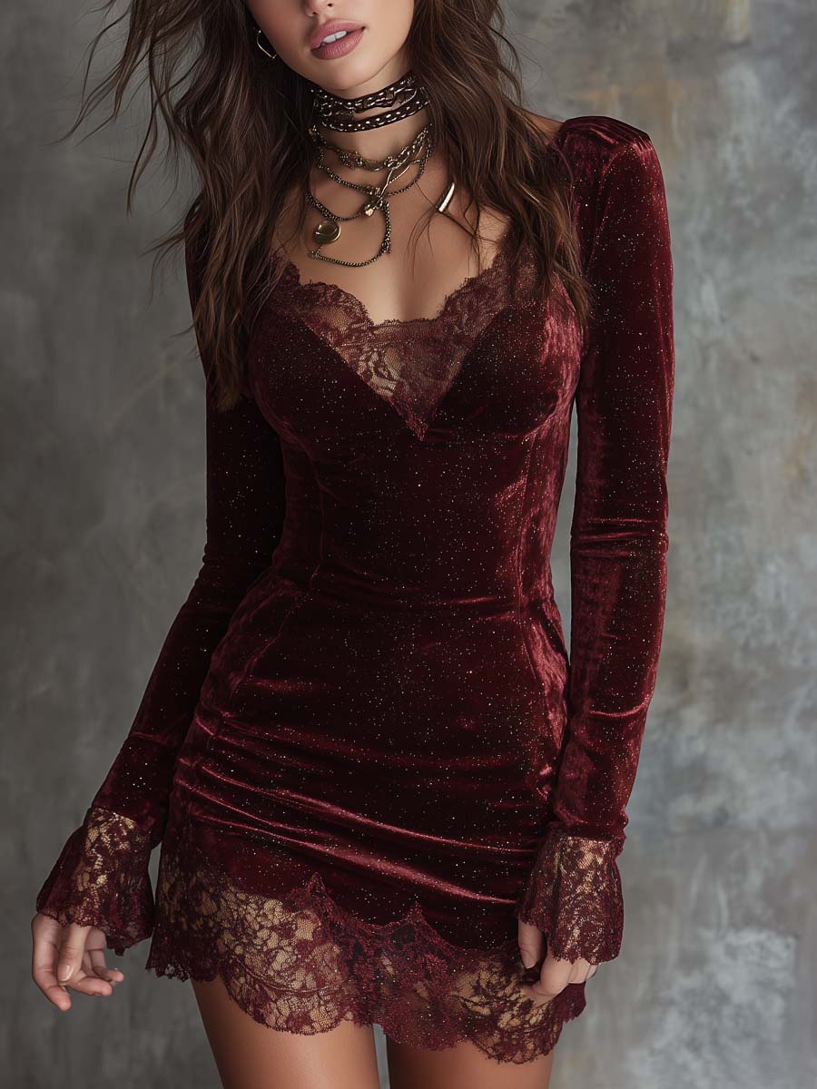 Isabella™ | Velvet Lace-Trimmed Mini Dress