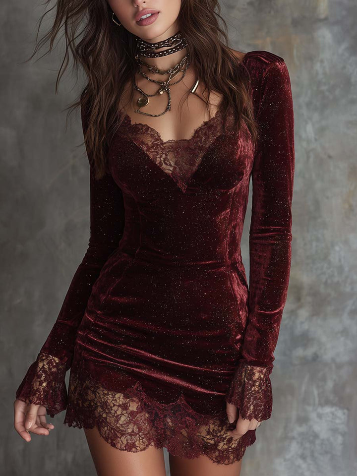 Isabella™ | Velvet Lace-Trimmed Mini Dress