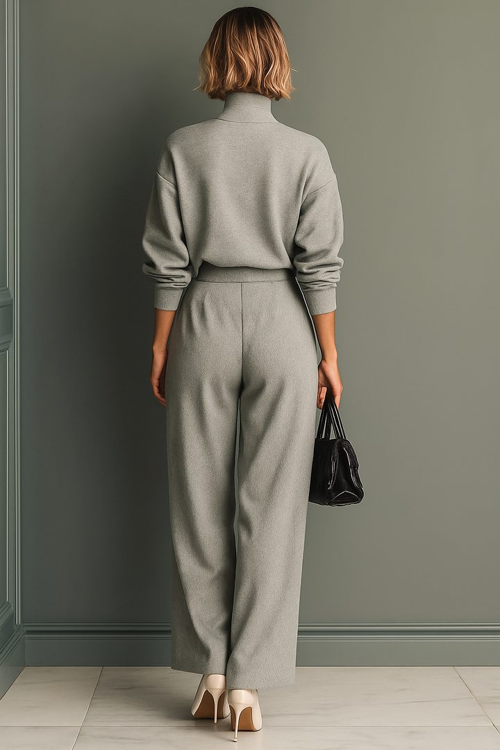 Jessica™ | Grey Blended Sweatshirt And Wide-Leg Pants Set