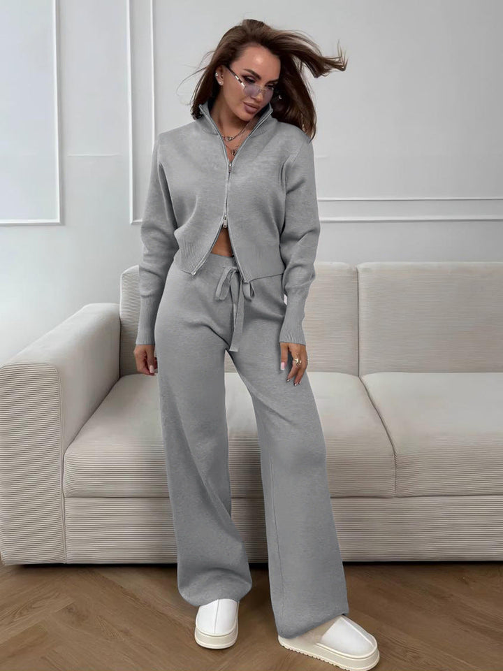 Emily™ | Drawstring Wide Leg Pants And Zip Jacket Set