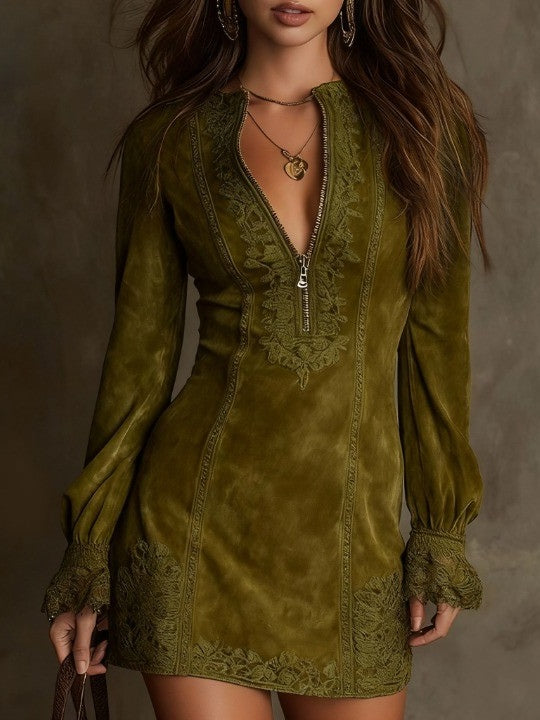 Isabelle™ | Suede Lace Trim Mini Dress