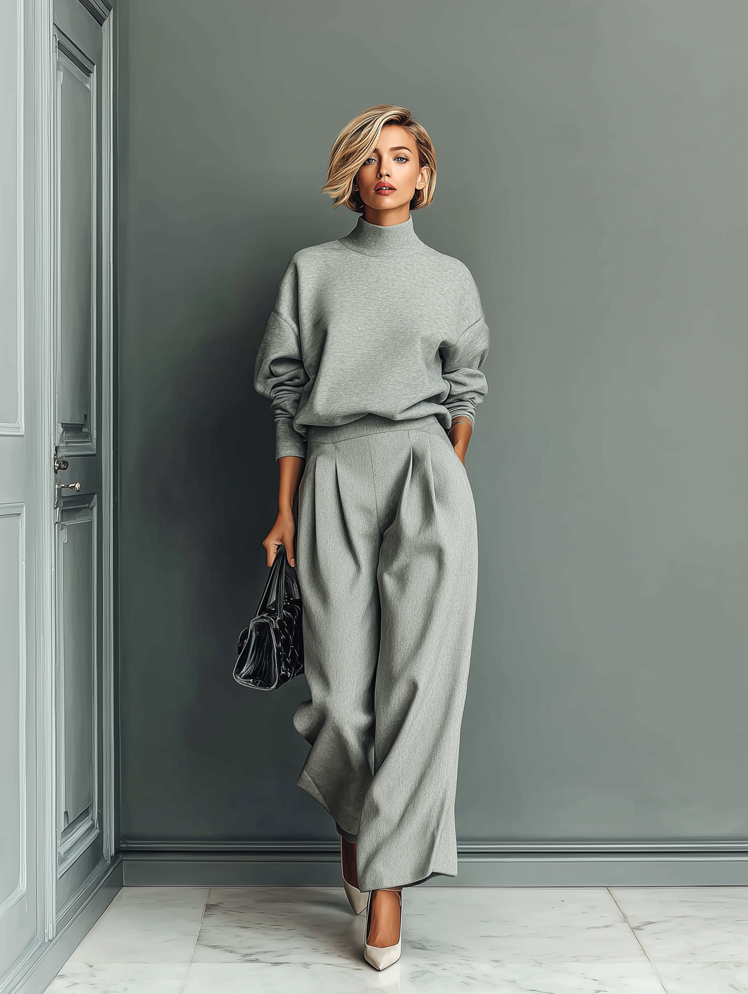 Jessica™ | Grey Blended Sweatshirt And Wide-Leg Pants Set