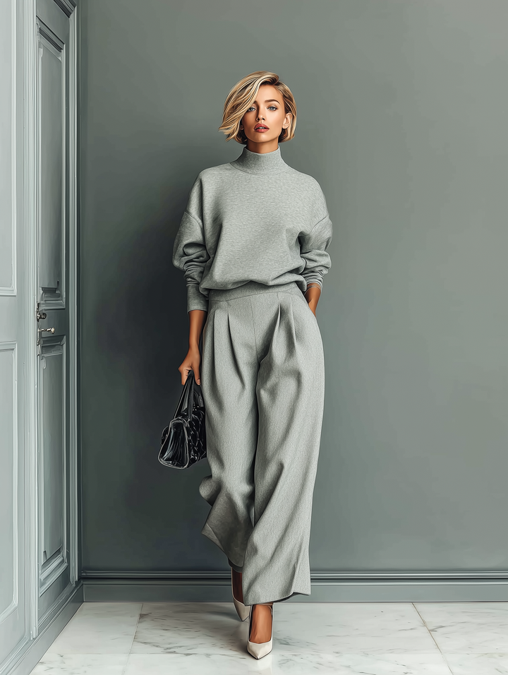 Jessica™ | Grey Blended Sweatshirt And Wide-Leg Pants Set